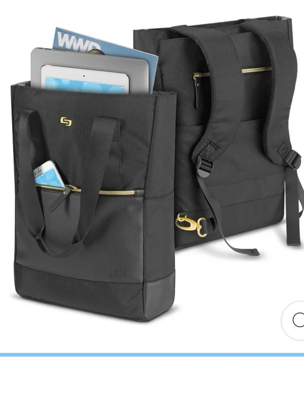 Parker Hybrid Black backpack/Tote Bag with Gold Accents - Solo NY brand